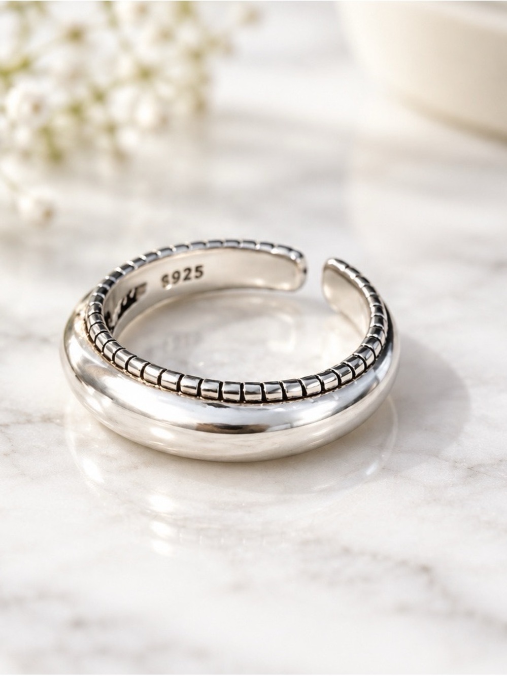 2393-100 925 Sterling Silver Chunky Dome & Beaded Band Adjustable Ring